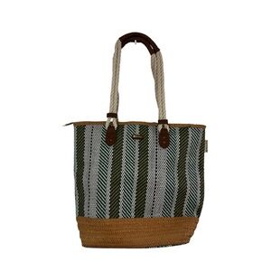 Sun N Sand Woven Zipper Top Tote Straw Greens Tans White Stripes and Rope Handle